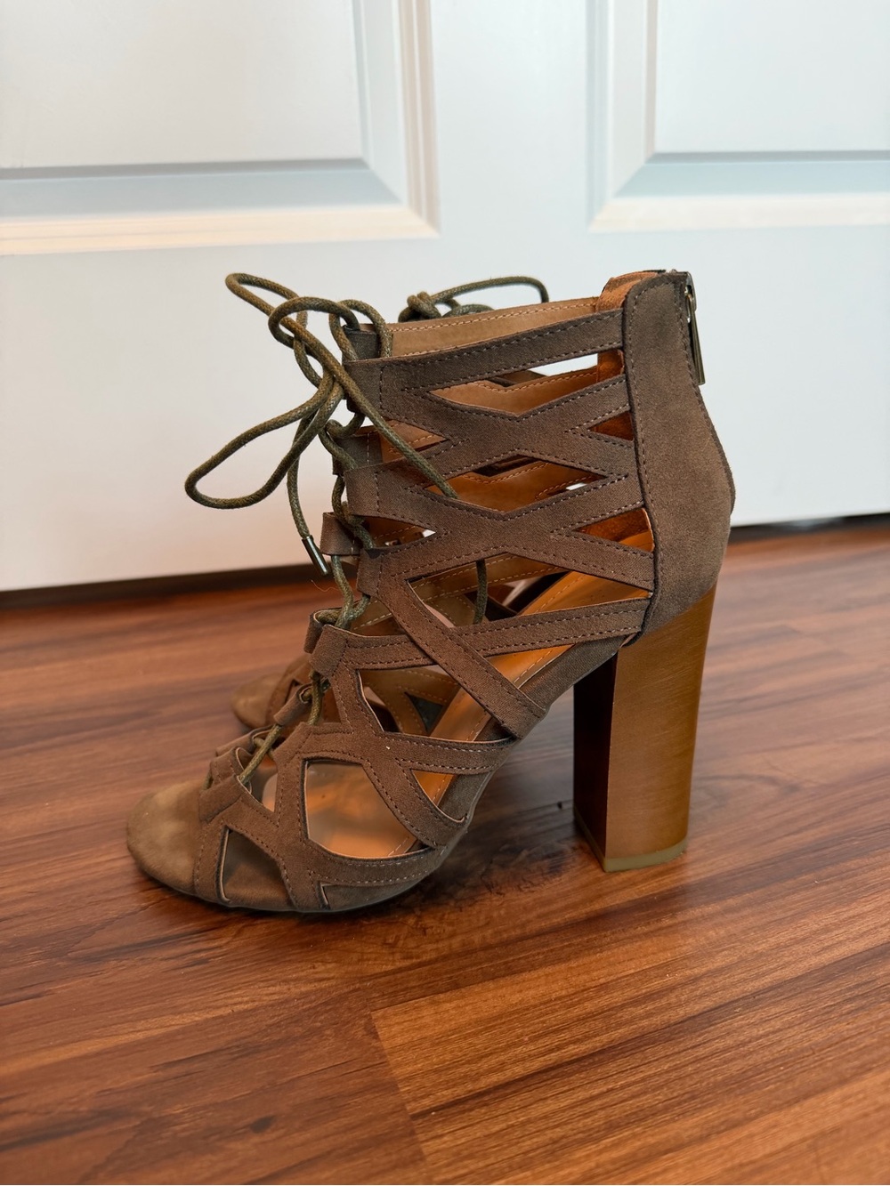 BAMBOO Brown Suede Lace-Up Cutout Block Heel Sandals